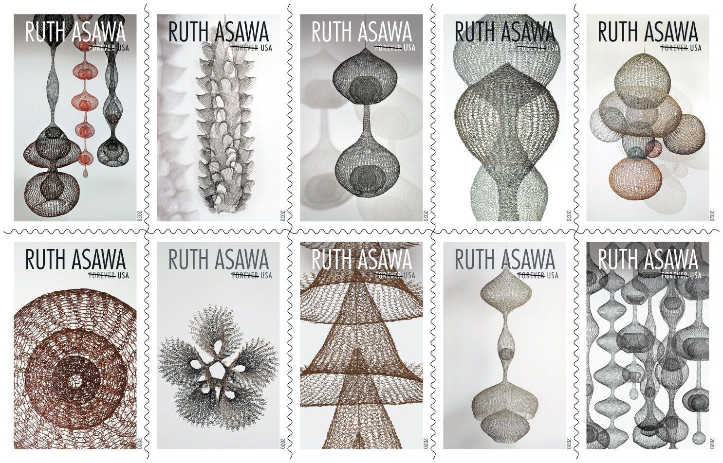 Ruth Asawa united states postal service stamp set, dated 2020.